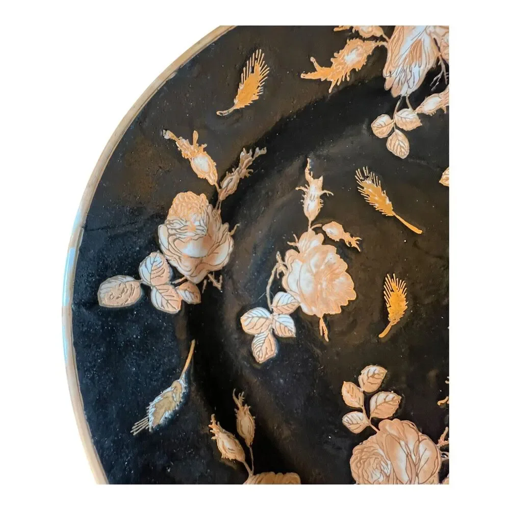 VTG Chinoiserie Polychrome Black‎ Gold Gilt Rose Floral Porcelain Platter Large
